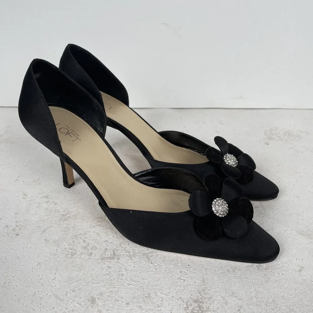 Ann Taylor Loft Pumps Heels Womens 10 M Black‎ Satin Flower